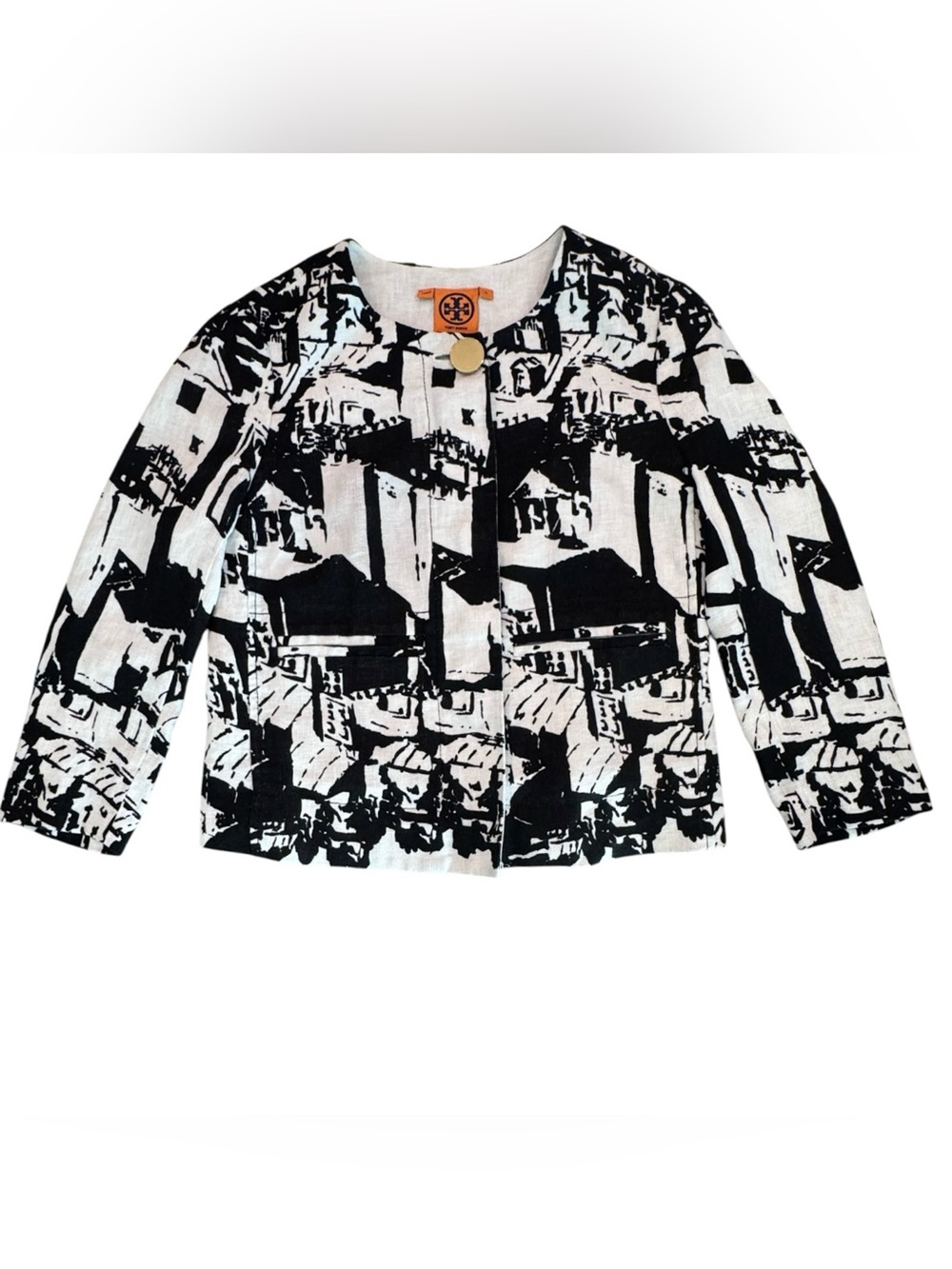 Tory Burch Black & White Abstract Print Linen Jacket – Size 2